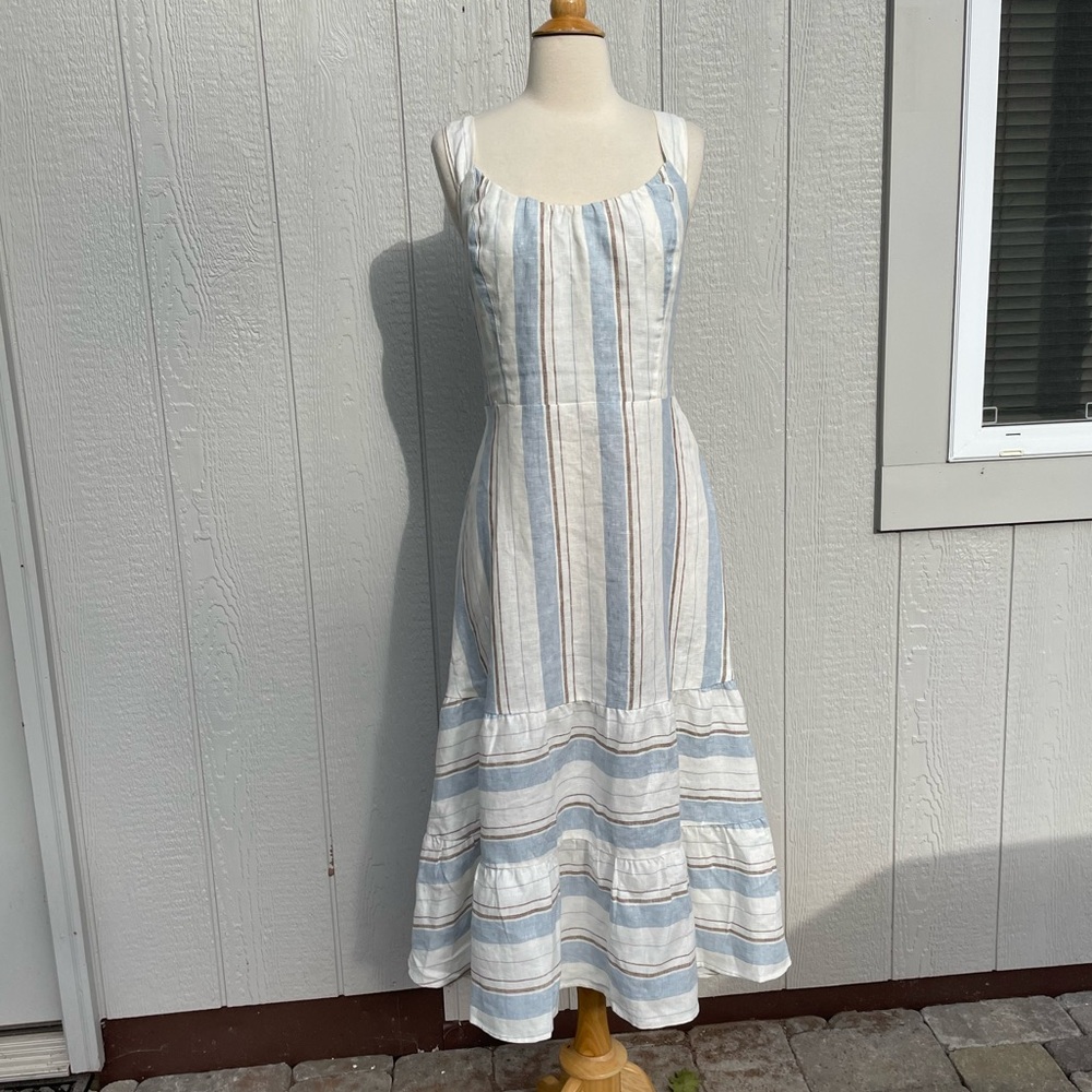 Reformation Size 10 White/Beige/Blue Linen Maxi Dress